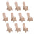 Ten beige chair covers on a plain backdrop.