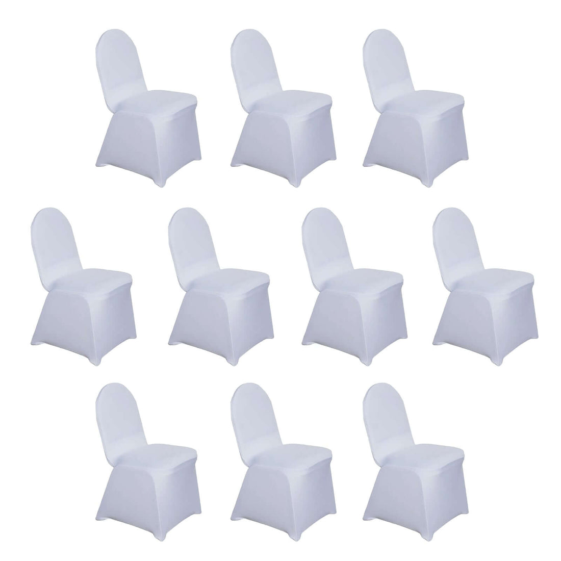 Ten white chair covers on a plain white background.