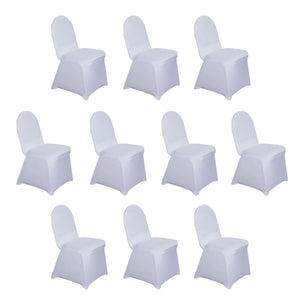 Ten white chair covers on a plain white background.