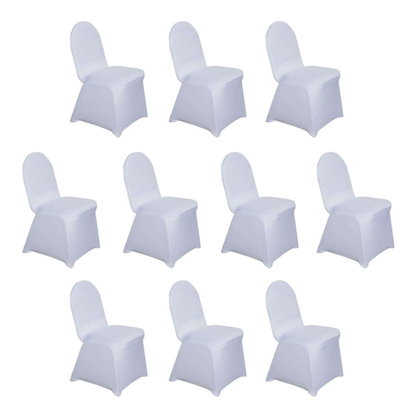 Ten white chair covers on a plain white background.