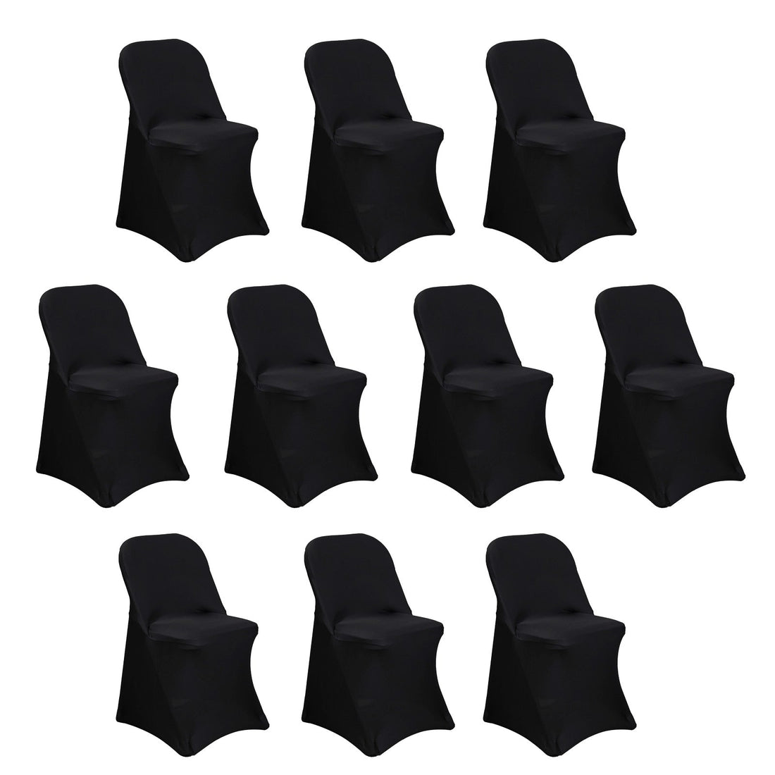 Ten black spandex chair covers on a plain white background. #whtbkgd
