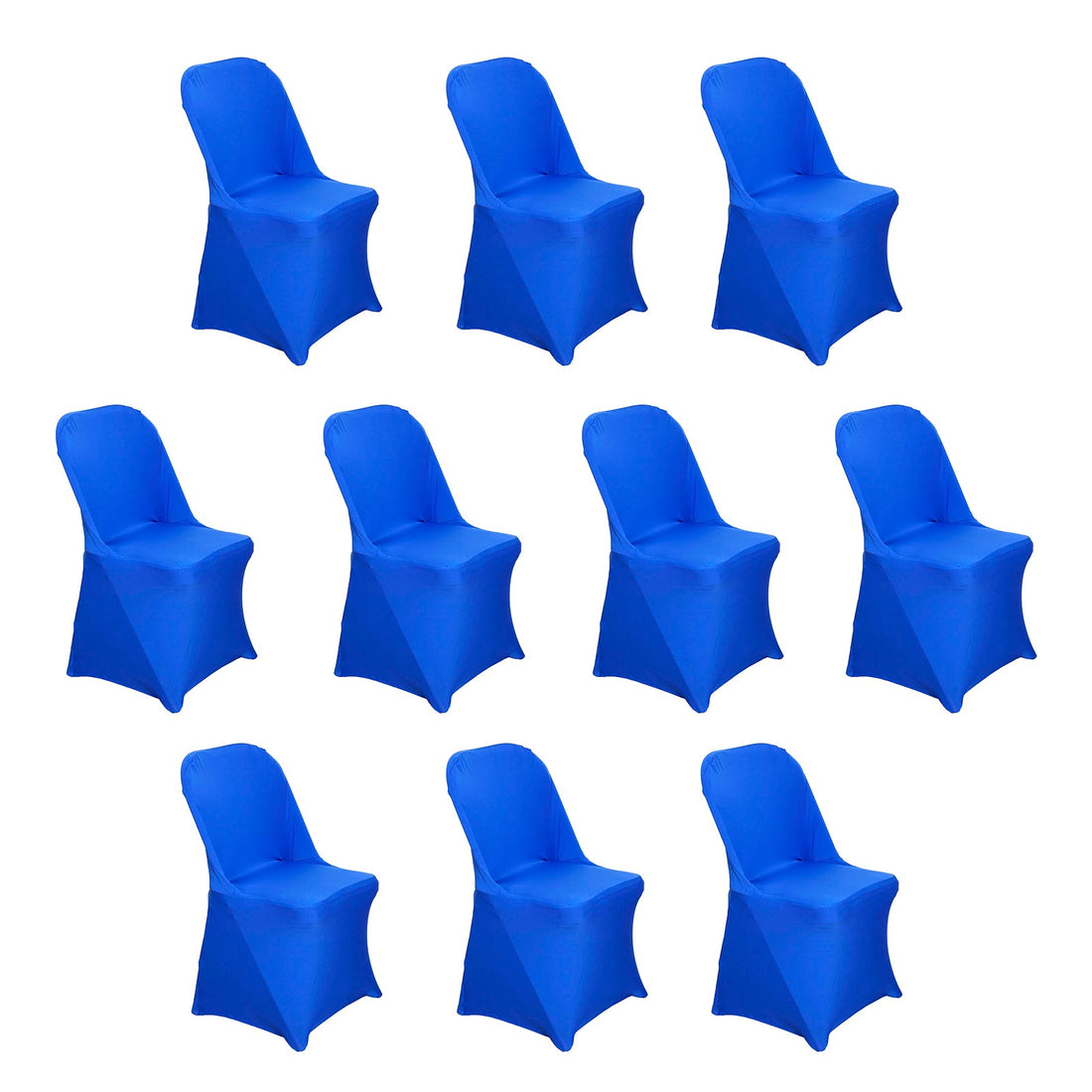 Ten blue chair covers on a plain background. #whtbkgd