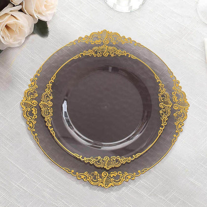 10-Pack Plastic Round Dessert Plates 8" Transparent Black with Gold Leaf Embossed Rim - Vintage Baroque Style Disposable Salad Plates