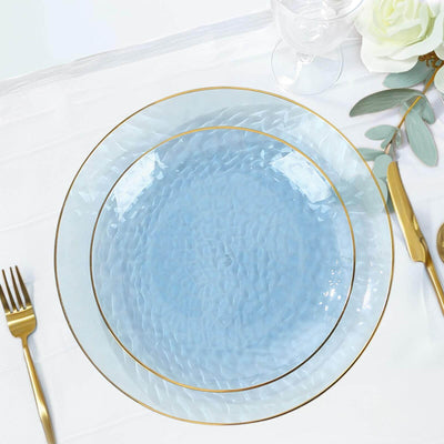 10-Pack Plastic Round Dessert Appetizer Plates 7" Transparent Dusty Blue Hammered Design with Gold Rim - Modern Disposable Salad Plates