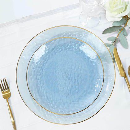 10-Pack Plastic Round Dessert Appetizer Plates 7" Transparent Dusty Blue Hammered Design with Gold Rim - Modern Disposable Salad Plates