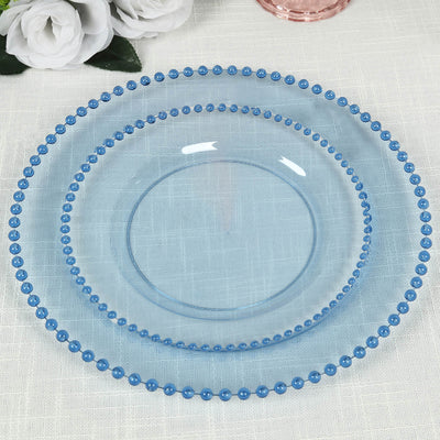 10-Pack Plastic Dessert Appetizer Plates in Transparent Dusty Blue with Beaded Rim, Disposable Round Salad Party Plates 8"