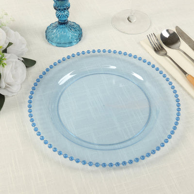 10-Pack Plastic Round Dinner Plates 10" Transparent Dusty Blue with Beaded Rim - Disposable Party Plates