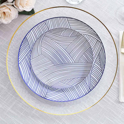 10-Pack Plastic Round Dessert Plates 7" White with Blue Wave Brush Strokes Pattern - Disposable Appetizer Salad Plates