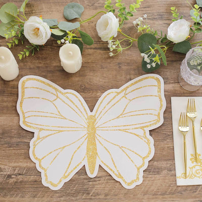 10-Pack Disposable Table Placemats 14" White Butterfly Design with Gold Glitters - 400GSM Cardboard Placemats for Stylish Party Tableware