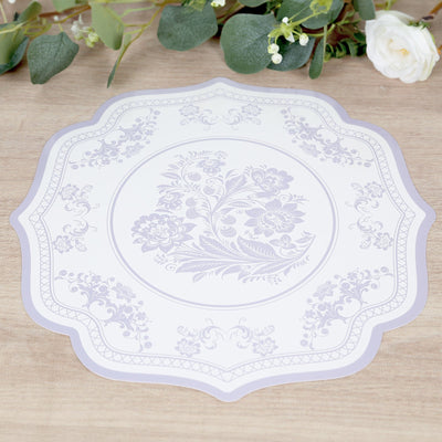 10-Pack Disposable Table Placemats 13" White with Lavender Damask Floral Pattern & Scalloped Rim - 400GSM Cardboard Placemats for Classy Events