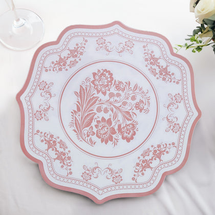 10-Pack Disposable Table Placemats 13" White with Pink Damask Floral Pattern & Scalloped Rim - 400GSM Cardboard Placemats for Classy Events