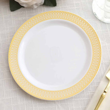 10-Pack Plastic Round Dessert Plates 7" White with Beige Gold Spiral Rim - Stylish Disposable Salad Plates for Buffets & Catered Events