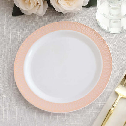 10-Pack Plastic Round Dessert Plates 7" White with Blush Rose Gold Spiral Rim - Stylish Disposable Salad Plates for Buffets & Catered Events