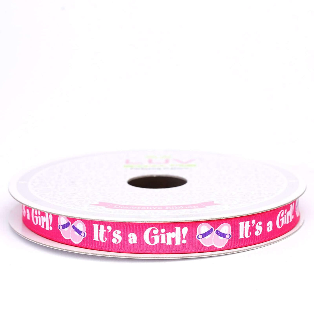 Pink "It's a Girl!" ribbon on a spool