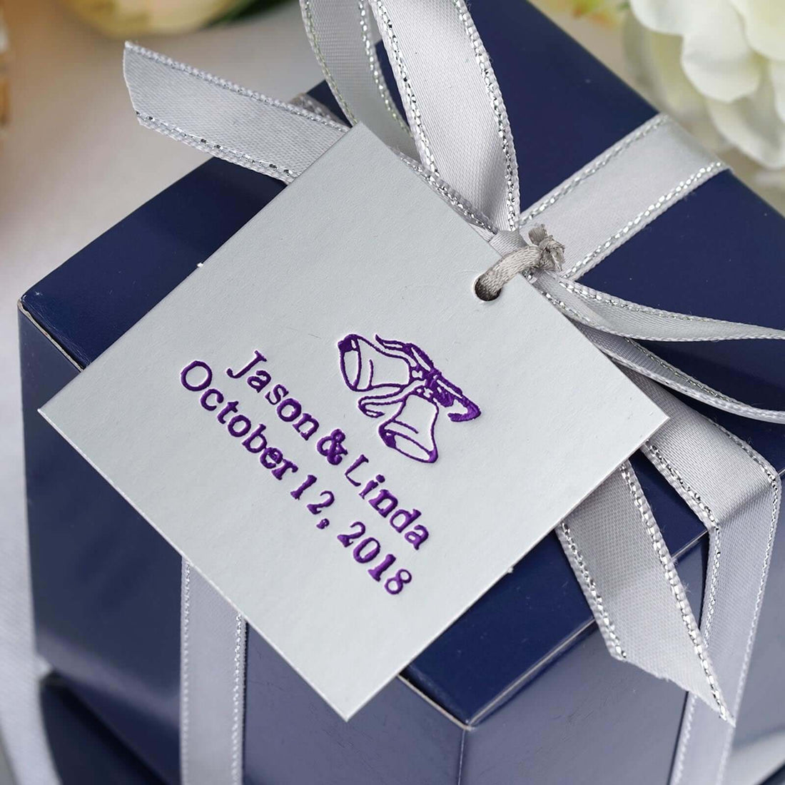 Wedding gift box with personalized tag for Jason & Linda, October 12, 2018.