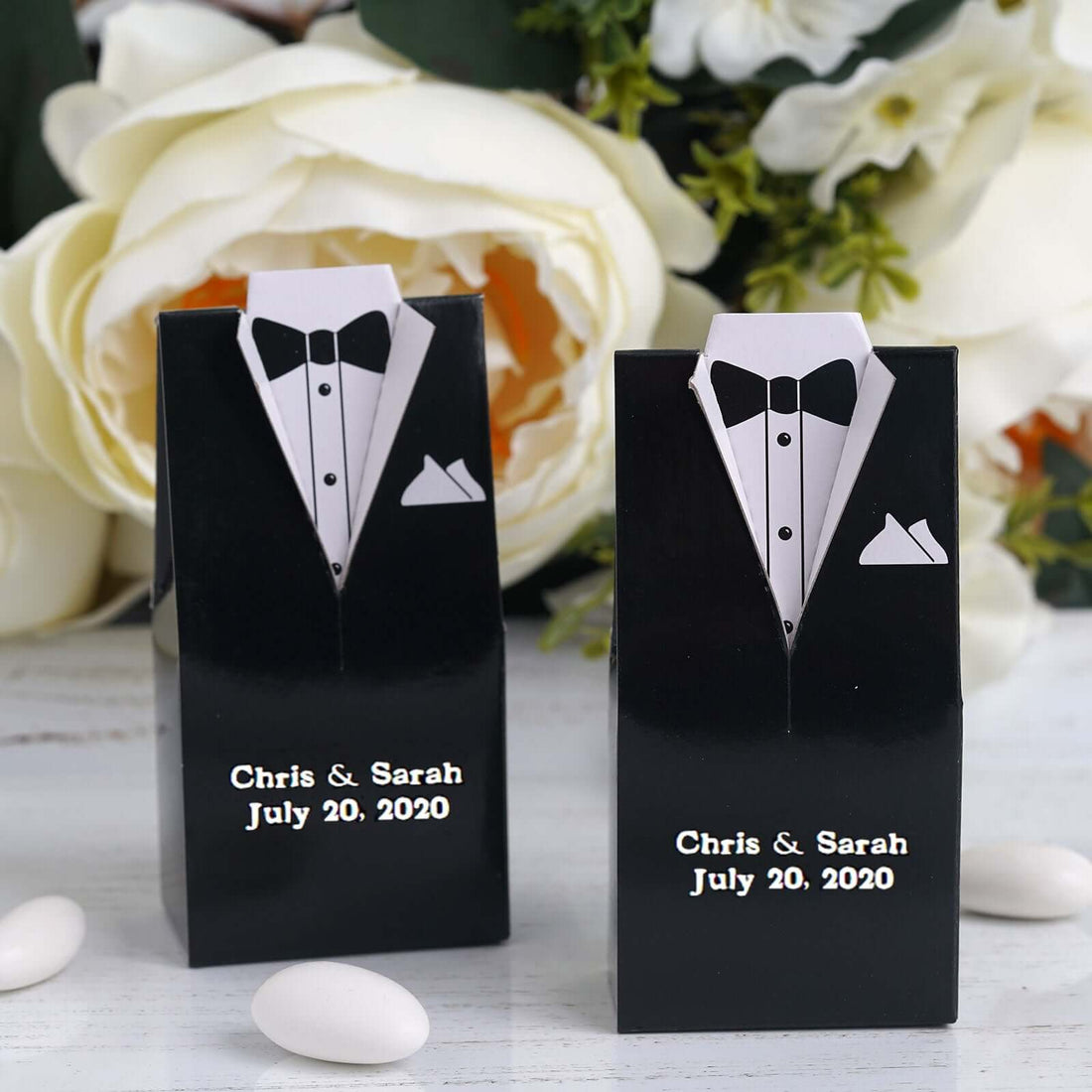 Tuxedo-themed wedding favor boxes for Chris & Sarah, July 20, 2020.