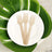 Eco-friendly wooden forks on a white plate with a green leaf backdrop.