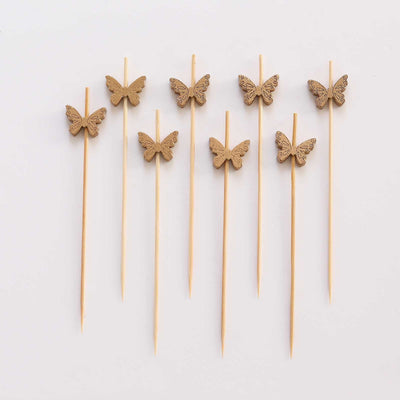 100-Pack Natural Bamboo Skewers 5", Butterfly Design Biodegradable Cocktail Sticks - Eco Friendly Party Picks