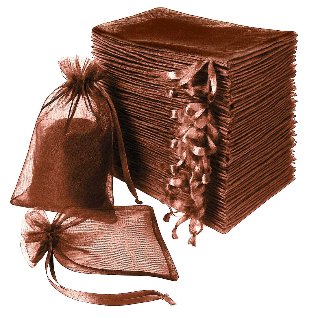 Brown organza gift bags stacked with a few open for display.