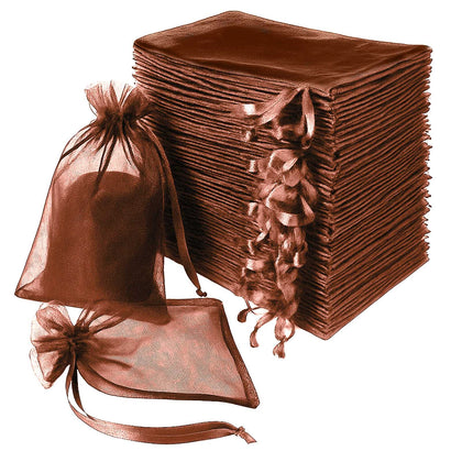 100 Pack Chocolate Organza Drawstring Gift Bags, 6" x 9" – Wedding Party Favor Bags