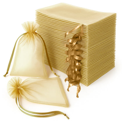100 Pack Gold Organza Drawstring Gift Bags, 6" x 9" – Wedding Party Favor Bags