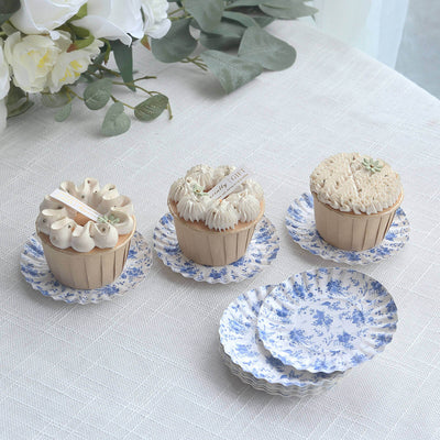 100-Pack Paper Round Plates 3.5" White with Blue French Toile Design & Scalloped Rim - 250GSM Disposable Mini Dessert Party Plates for Appetizers