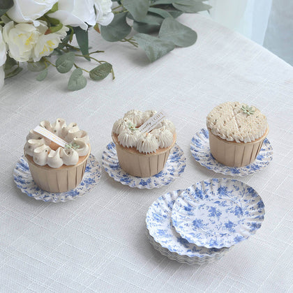 100-Pack Paper Round Plates 3.5" White with Blue French Toile Design & Scalloped Rim - 250GSM Disposable Mini Dessert Party Plates for Tapas, Appetizers & Finger Foods
