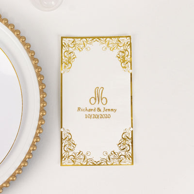 100-Pack Paper Dinner Napkins 2-Ply Personalized Monogram with Foil Lace Design White - Soft Initial Party Napkins
