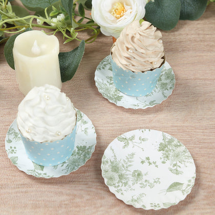 100-Pack Paper Round Plates 3.5" White with Sage Green French Toile Design & Scalloped Rim - 250GSM Disposable Mini Dessert Party Plates