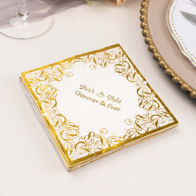 100-Pack Paper Cocktail Napkins White 3-Ply Personalized Small Emblem with Foil Lace Design - Custom Dinner Napkins