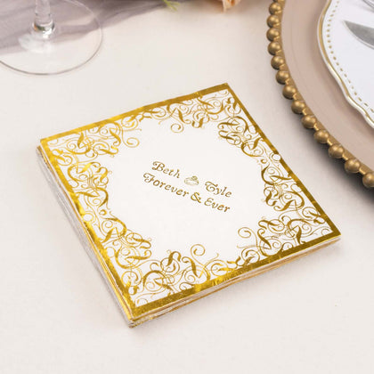 100-Pack Paper Cocktail Napkins White 3-Ply Personalized Small Emblem with Foil Lace Design - Custom Dinner Napkins