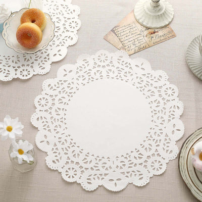100 Pcs Paper Round Placemats 14" White - Food Grade Lace Paper Doilies for Desserts, Crafts & Table Decor