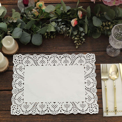 100 Pcs Paper Rectangle Placemats 14"x10" White - Food Grade Lace Paper Doilies for Desserts, Crafts & Table Decor