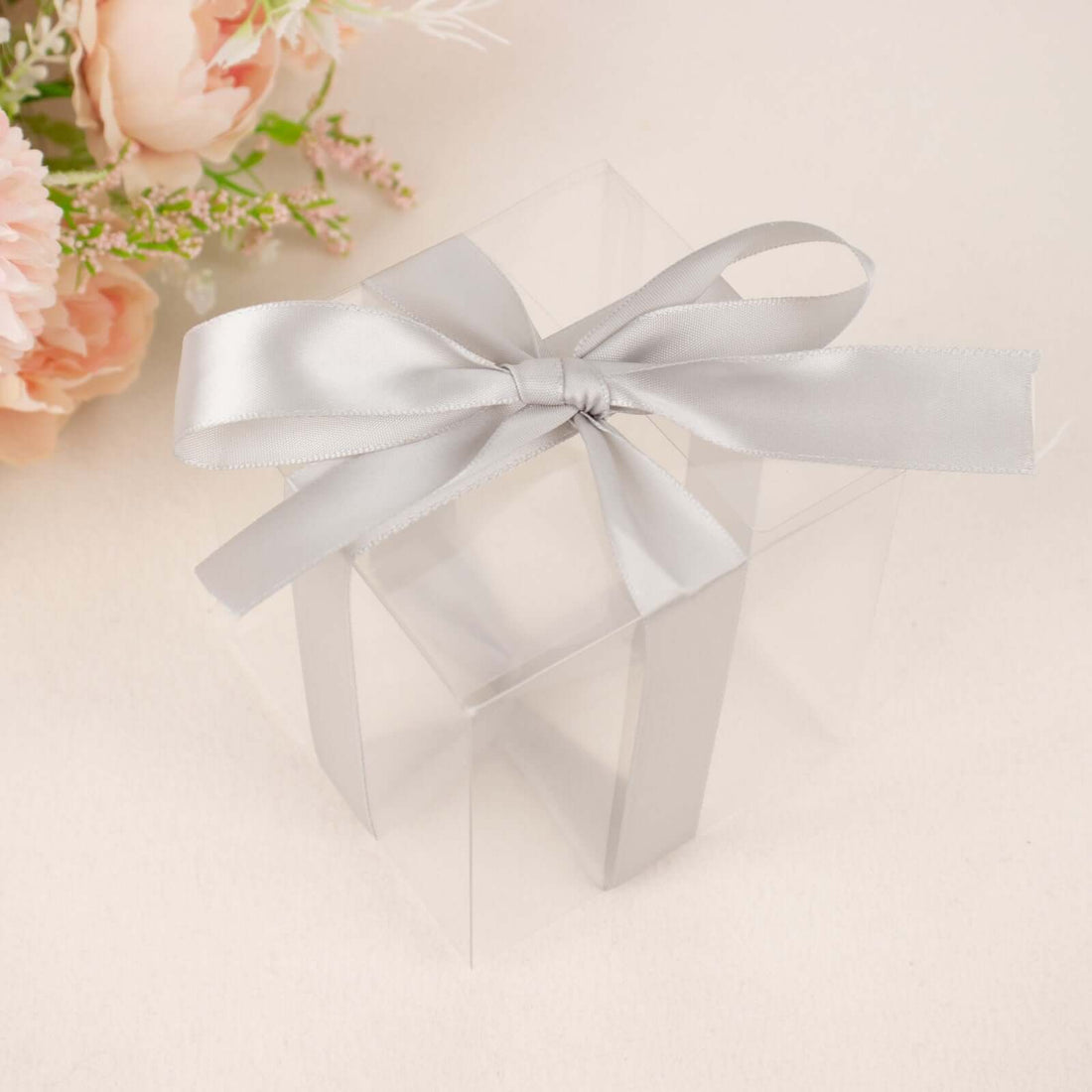 Clear gift box with a silver ribbon on a soft background.