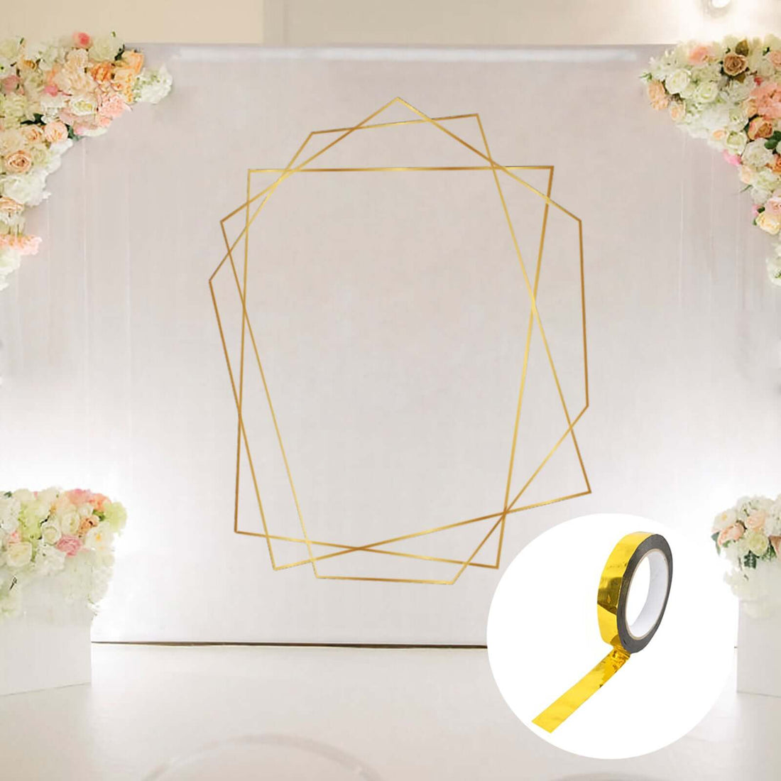 Gold geometric decorative tape on a white backdrop.