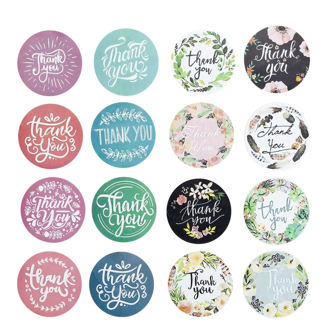 Colorful thank you stickers in various designs and patterns.