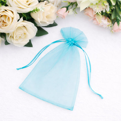 100 Pack Turquoise Organza Drawstring Gift Bags, 5" x 7" – Wedding Party Favor Bags