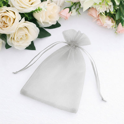 100 Pack Silver Organza Drawstring Gift Bags, 5" x 7" – Wedding Party Favor Bags