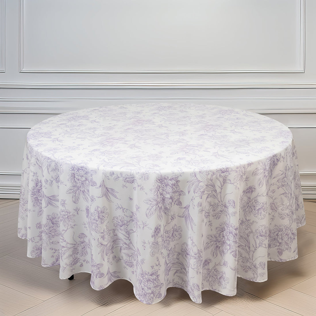 Round floral tablecloth in soft lavender on a white background