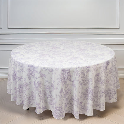 Polyester Round Tablecloth 108" White with Lavender Lilac French Toile Pattern - Sophisticated Table Cover for Chic Weddings & Events