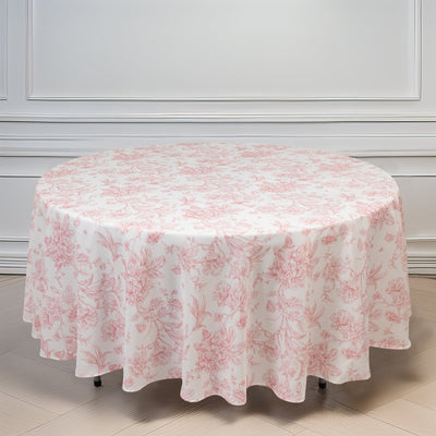 Polyester Round Tablecloth 108" White with Pink French Toile Pattern - Sophisticated Table Cover for Chic Weddings & Events