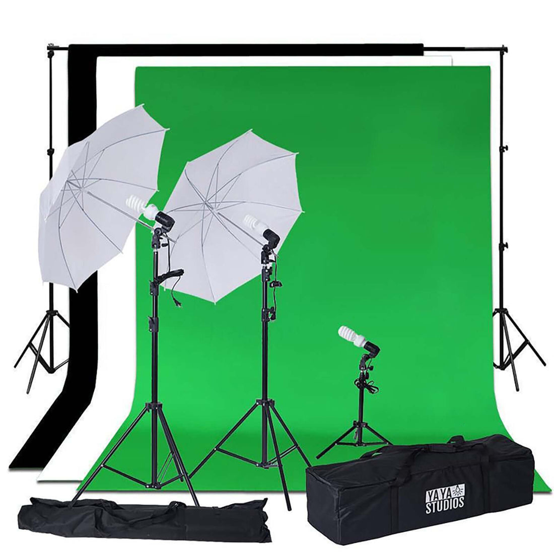 Photography lighting kit with green and black backdrops and umbrella softboxes.