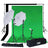 Photography lighting kit with green and black backdrops and umbrella softboxes.
