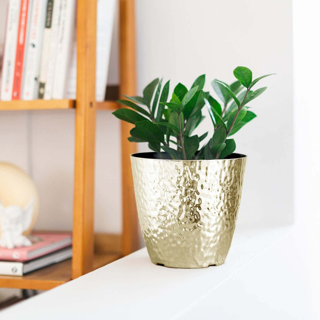 Gold hammered planter with green plant, styled on a shelf.