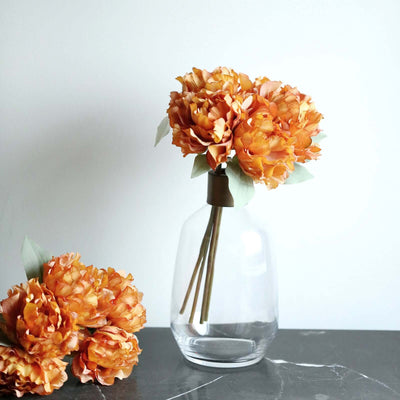 Orange Real Touch Artificial Silk Peonies Flower Bouquet 11"