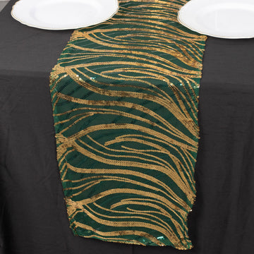 Hunter Emerald Green Gold Wave Embroidered Sequins Table Runner 12"x108"