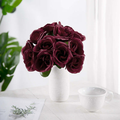 Burgundy Velvet-Like Artificial Rose Bouquet, 12" Decorative Floral Arrangement