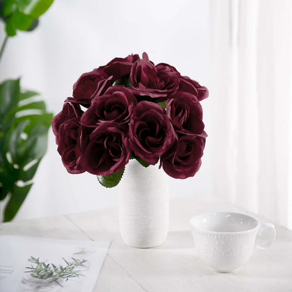 Burgundy Velvet-Like Artificial Rose Bouquet, 12" Decorative Floral Arrangement