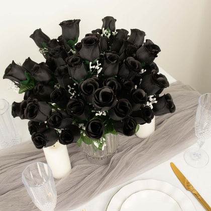 12 Bushes Black Artificial Silk Rose Bud Flowers, 84 Flower Heads