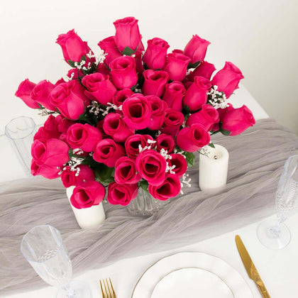 12 Bushes Fuchsia Artificial Silk Rose Bud Flowers, 84 Flower Heads